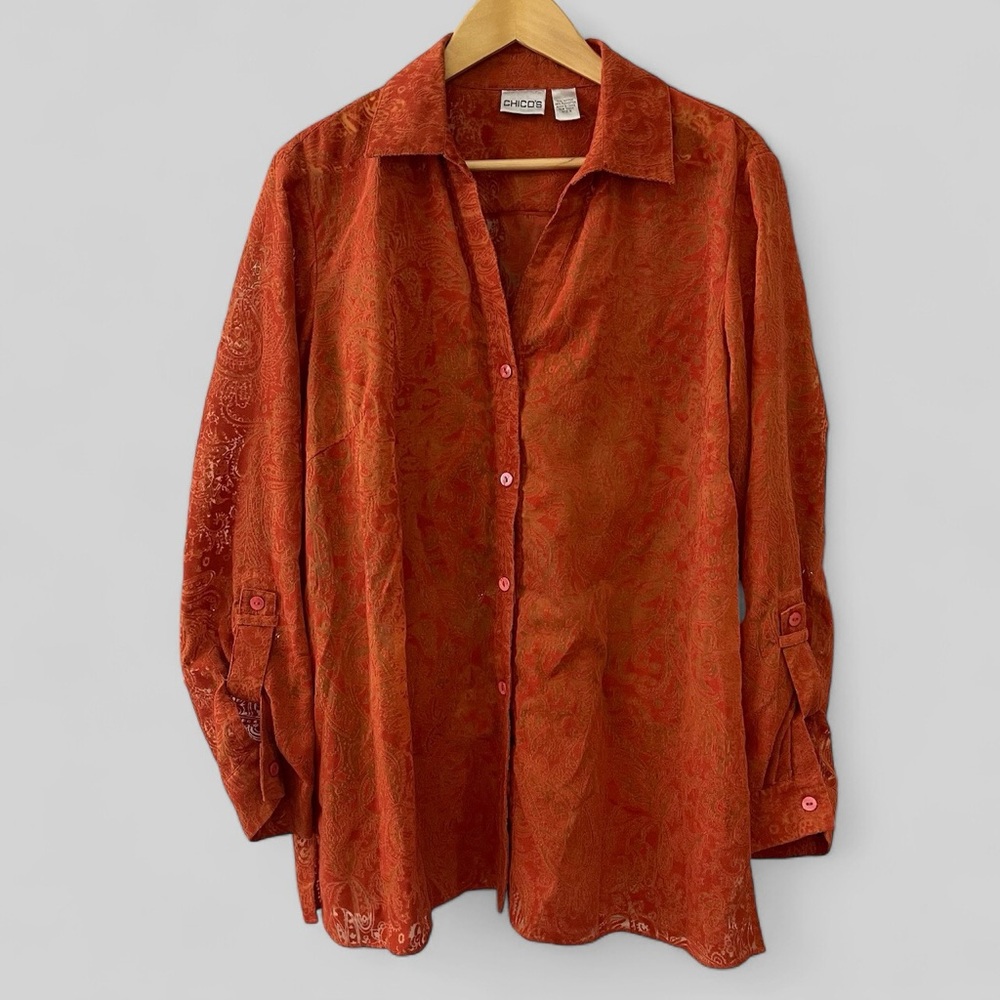 Chicos Button Up Shirt Womens Size 3/16 Orange Semi Sheer Paisley Corduroy